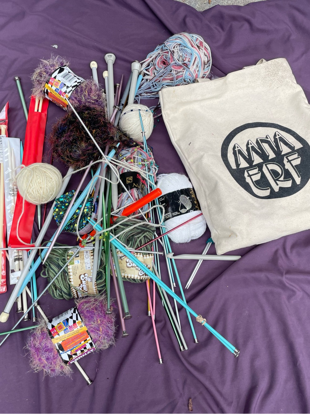 Canvas Tote Bag with Purple Yarn and Knitting Needles Set